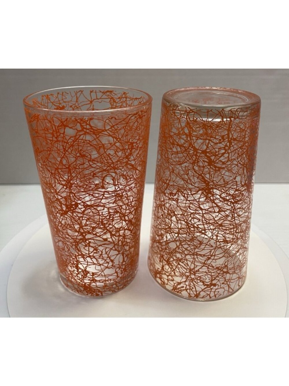 2 Vintage 1960s Hazel Atlas 5" Flaming Orange Spaghetti String Tumblers - NEW
